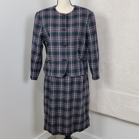 Vintage Charter Club 100% Wool Classic Retro Navy Plaid Skirt Suit Sz 12/14 - Picture 1 of 16